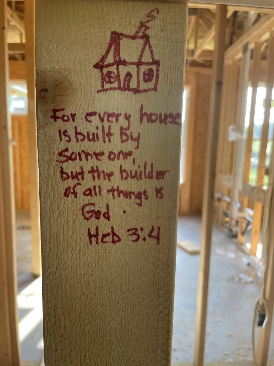 Bible verse and house drawing sketched on a beam of a custom home in Knoxville, TN by Debuty Builders