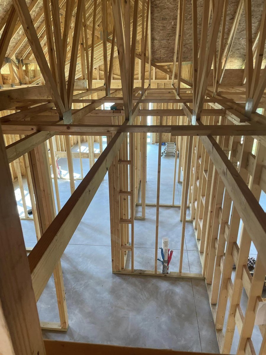 Overhead view of interior framing in a custom home build in Knoxville, TN by Debuty Builders