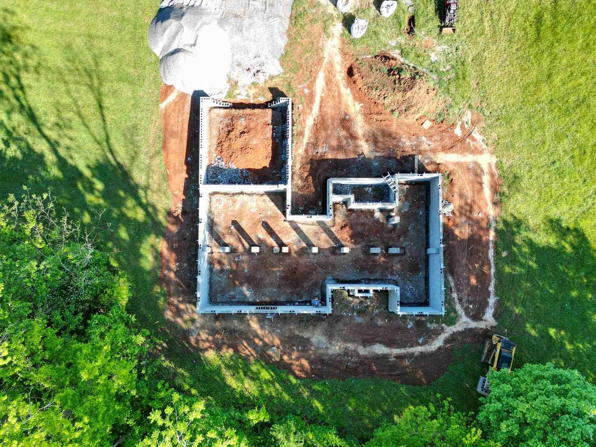 Aerial view of a concrete foundation layout for a custom home by Debuty Builders in Knoxville, TN