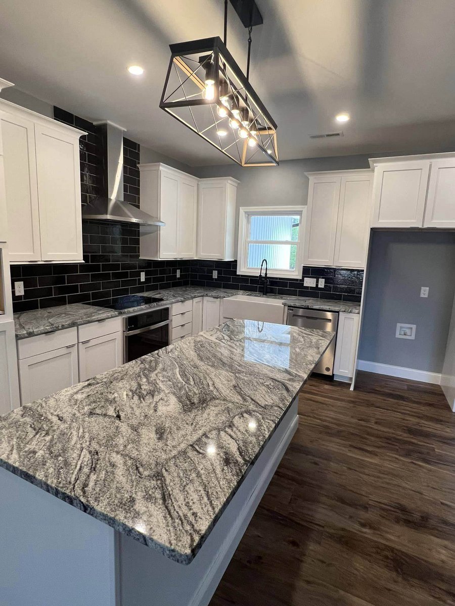Modern kitchen with granite island and industrial lighting, Debuty Builders, Knoxville, TN