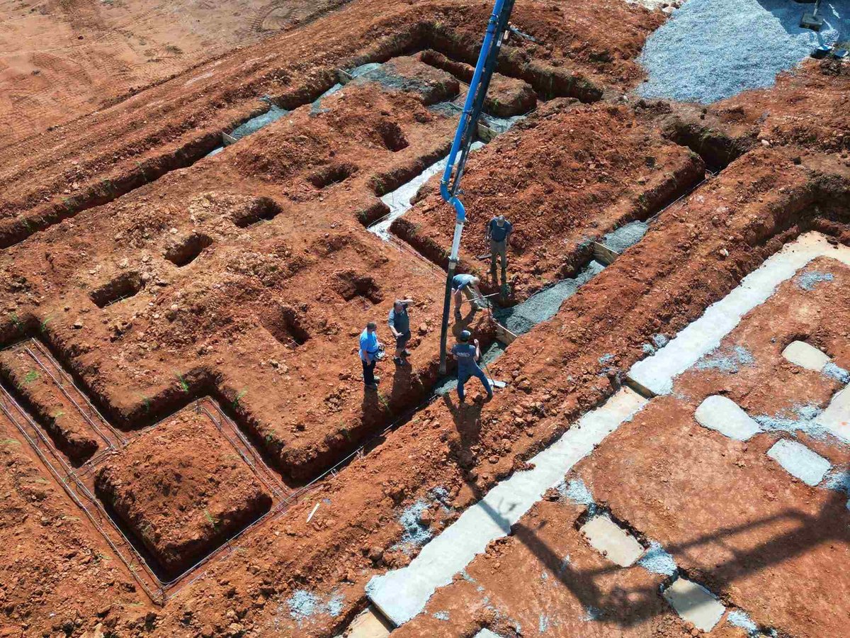 Aerial view of foundation work with concrete being poured, Debuty Builders, Knoxville, TN