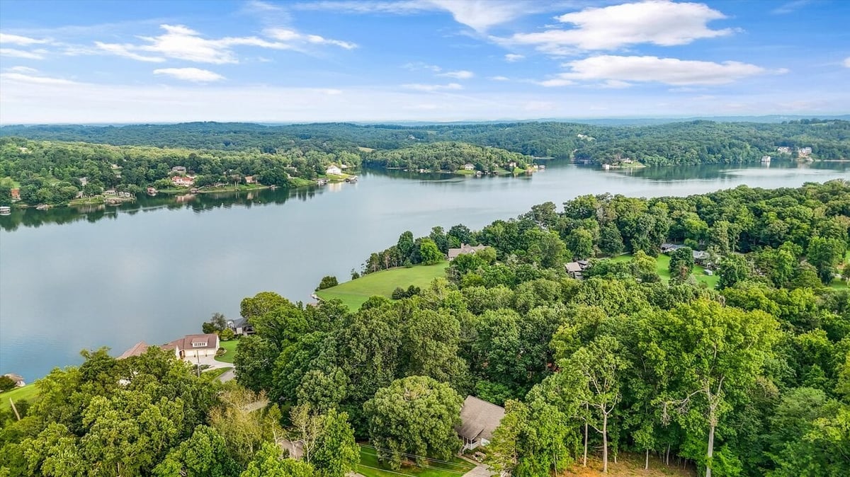 Scenic drone shot of wooded shoreline and nearby homes in Friendsville Custom Home in Knoxville, TN